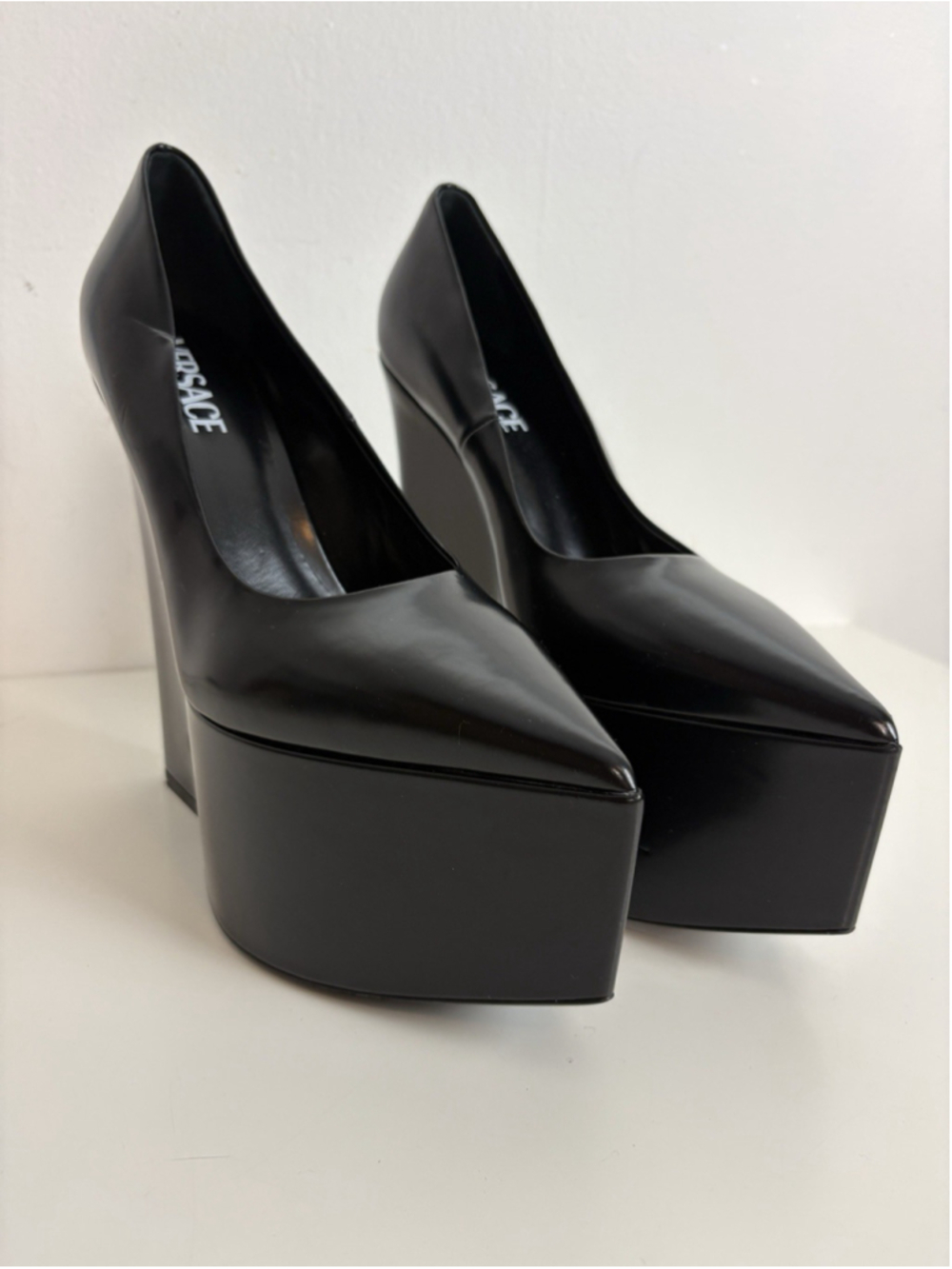 Versace Tempest Platform Pumps Black High Heels Leather Pointed Toe IT 39.5 - Picture 7 of 14